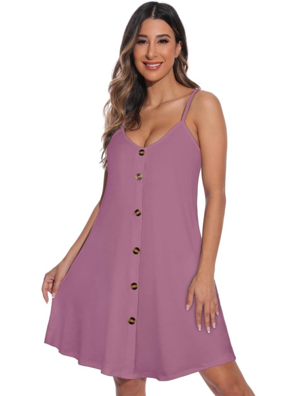 Women's Purple Summer Dresses Spaghetti Strap Button Down V Neck Sundress Beach - Picture 3 of 7